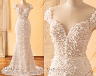 CAMILLA / Charming Lace Wedding Dress with Cap Sleeves and Illusion Neckline, Slim Wedding Dress, Light Wedding Dress, Custom Wedding Gown