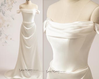 KENIA / Robe de mariée ivoire en satin liquide à col bénitier - Robe de mariée à épaules dénudées
