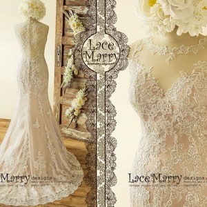 Incredible Blush Wedding Dress from Ivory Lace Flower Appliques in Fit’n’Flare Shape | Mermaid Lace Wedding Dress with Tattoo Back