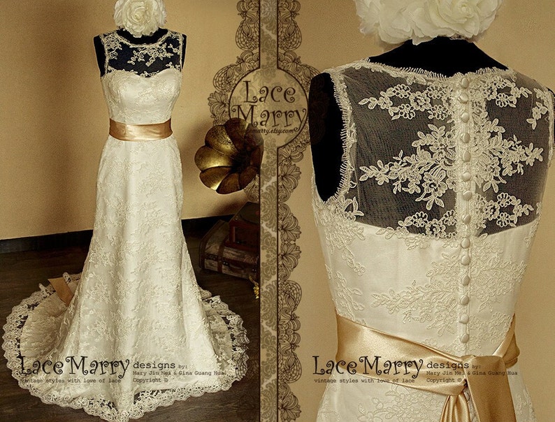 Illusion Neckline Wedding Dress, Modest Wedding Dress, A Line Wedding Dresses, Wedding Dress, Lace Back, Beach Wedding, Summer Wedding Dress 