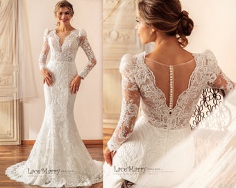 CHAYA / Sparkling Lace Wedding Dress with Puff Shoulder Long Sleeves, Lace Wedding Dress with Deep Plunge Neckline and Illusion V Back