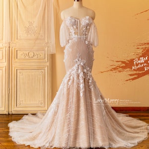 MARISSA / Strapless Mermaid Wedding Dress with Flutter Sleeves, Fitted Wedding Dress, Corset Mermaid Wedding Dress, Sparkling Wedding Dress