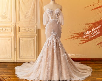 MARISSA / Strapless Mermaid Wedding Dress, Flutter Sleeves, Floral Applique, Sequined Tulle