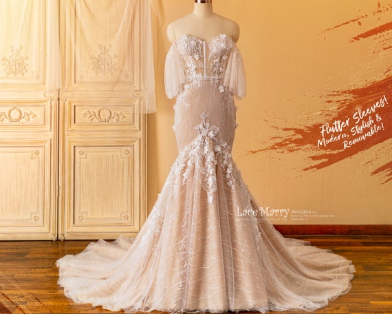 MARISSA / Strapless Mermaid Wedding Dress, Flutter Sleeves, Floral Applique, Sequined Tulle MARISSA / Strapless Mermaid Wedding Dress, Flutter Sleeves, Floral Applique, Sequined Tulle