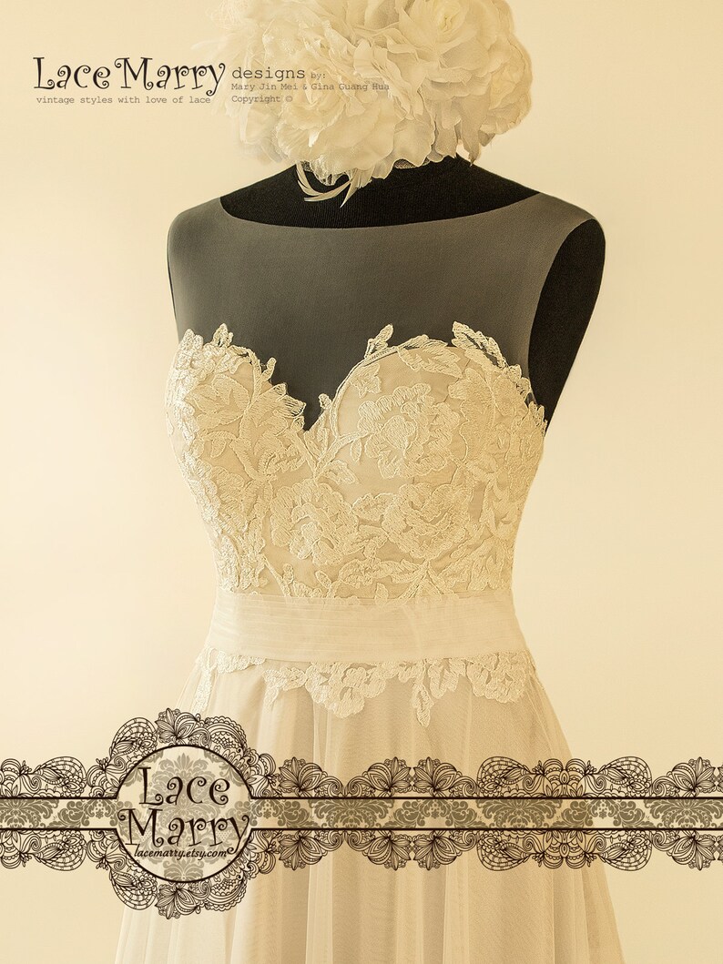 A Line Beach Wedding Dress with Sheer Neckline with Grey Gold Underlay Boho Wedding Dress, A Line Wedding Dress, Summer Wedding Dress image 7