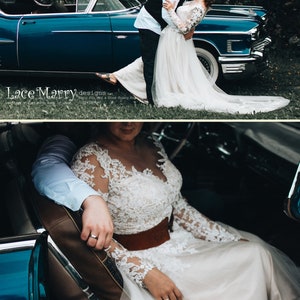 Beautiful Boho Style Wedding Dress with Long Lace Sleeves Featuring Illusion Neckline and Back with Buttons Through and Airy Tulle Skirt image 10