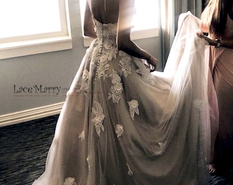 3D Lace Bohemian Wedding Dress: Ivory Tulle & Champagne Silk