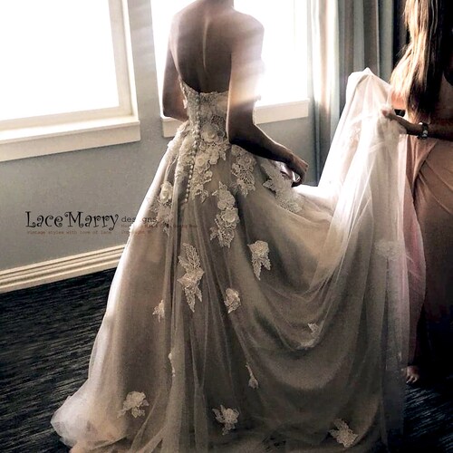 3D Lace Wedding Dress in Airy Bohemian ALine  Style from Ivory Tulle and Champagne Silk Satin with Strapless Sweetheart Neckline and Buttons