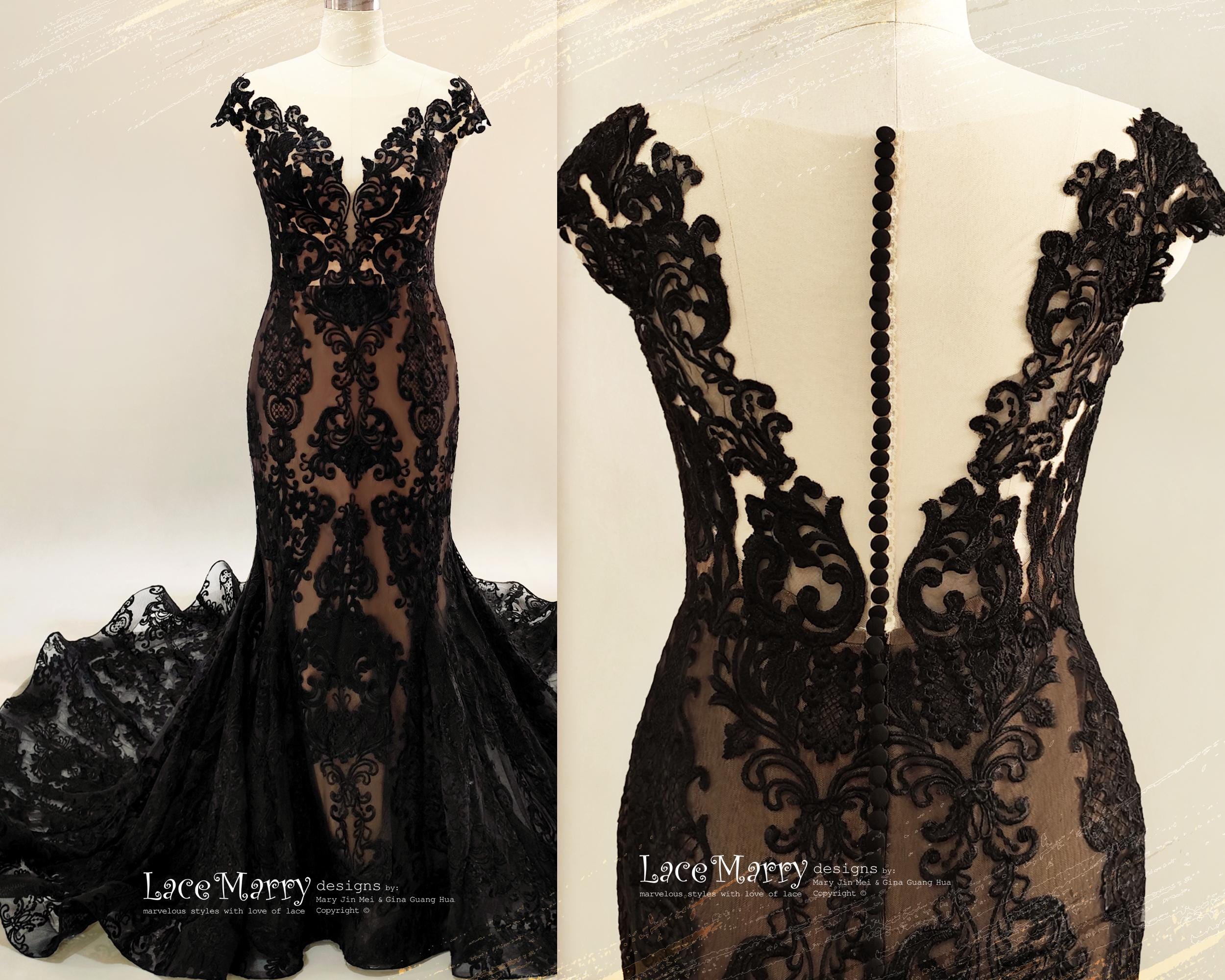 NIETTA / Mermaid Black Lace Wedding Dress, Gothic Gown With Train - Etsy