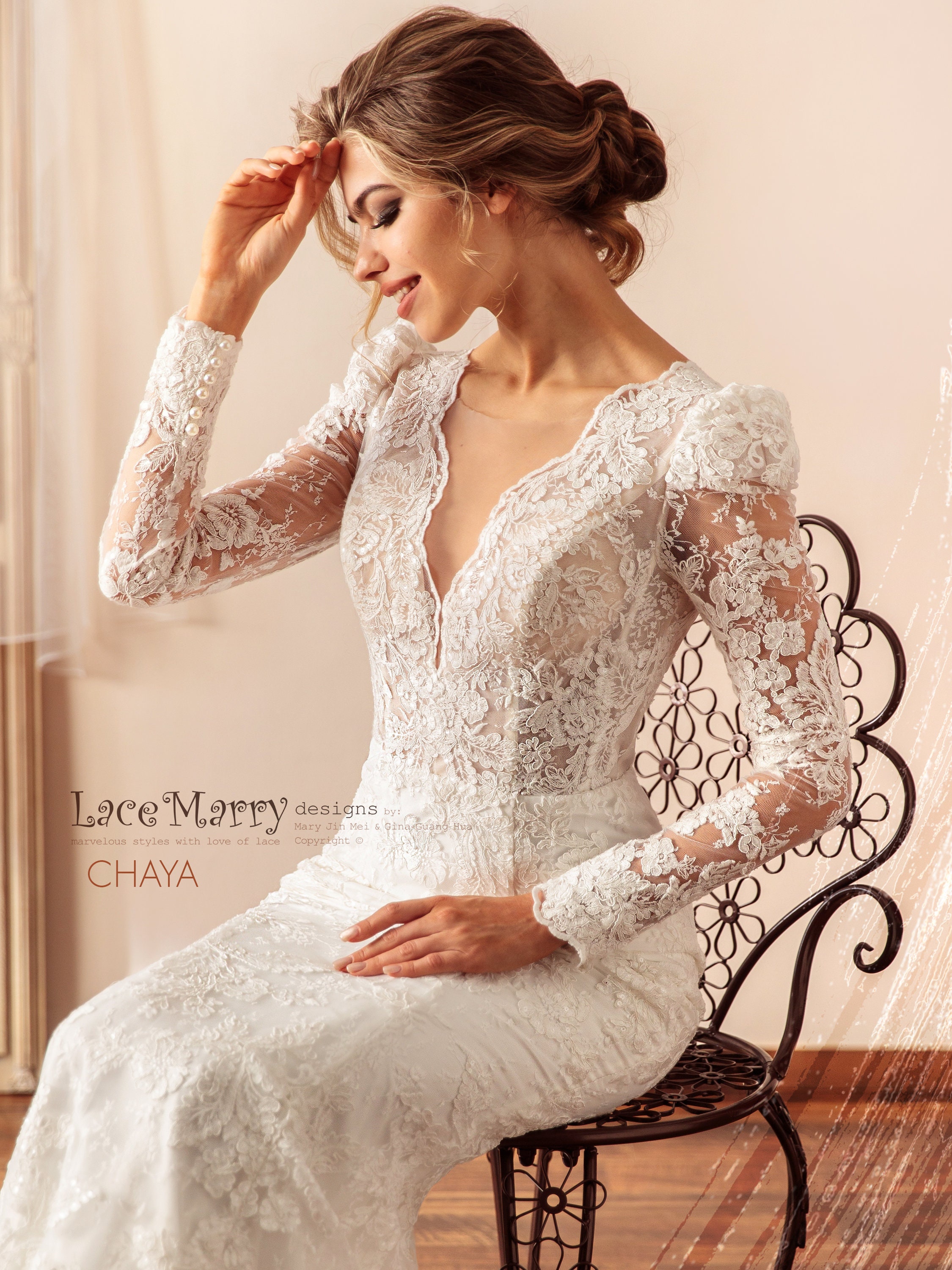 CHAYA / Lace Wedding Dress with Long Sleeves and Plunge Neckline, Fitted Lace Wedding Gown with Long Puff Shoulder Sleeves CHAYA / Lace Wedding Dress with Long Sleeves and Plunge Neckline, Fitted Lace Wedding Gown with Long Puff Shoulder Sleeves