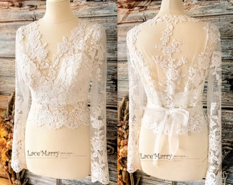 ERIKA #9 / Long Lace Sleeves Bolero with Easy Adjustable Tie up Back, Bridal Lace Bolero and Bustier, Bridal Topper with Bustier
