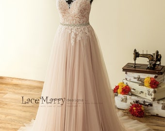 Champagne Dusty Pink Wedding Dress, Rose Lace, Tulle Skirt, Beaded Sash