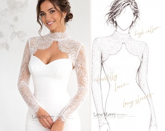 Couture Lace Bridal Bolero with Open Back – High Neck Wedding Lace Shrug with Long Sleeves / IONE