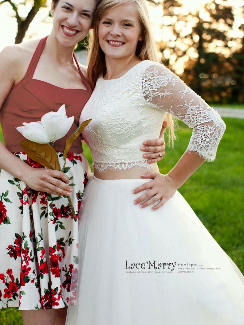 Two Piece Wedding Dress Set Lace Crop Top with Round Neckline and Elbow Sleeves 2 Piece Wedding Dress with Long Sleeves