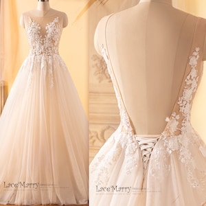 CECILIA / Boho Wedding Dress: Cecilia, Beaded Appliques, Deep V, Tulle A-Line Skirt