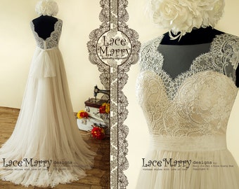 Ivory A-Line Tulle Wedding Dress | French Lace, Sheer V-Back