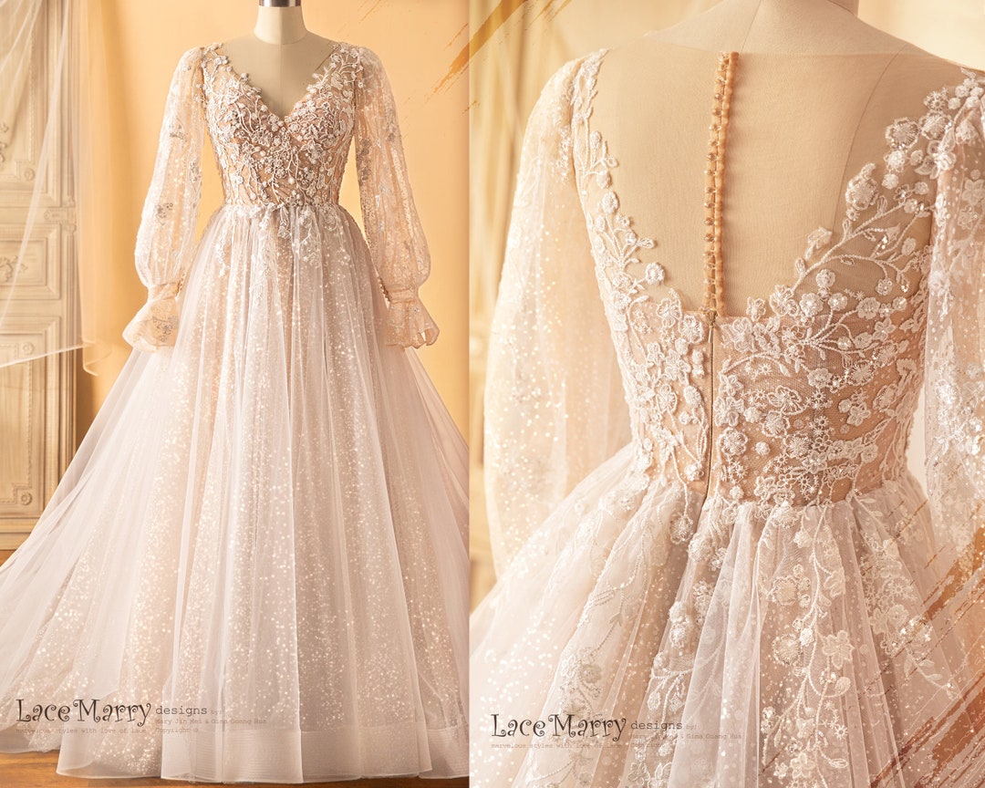 AGLAJA / Long Puff Sleeves Wedding Dress With Glitter Skirt, A Line