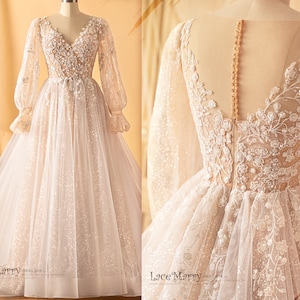AGLAJA / Long Puff Sleeves Wedding Dress with Glitter Skirt, A Line Wedding Dress with Long Sleeves, Sparkling Wedding Dress with Sleeves