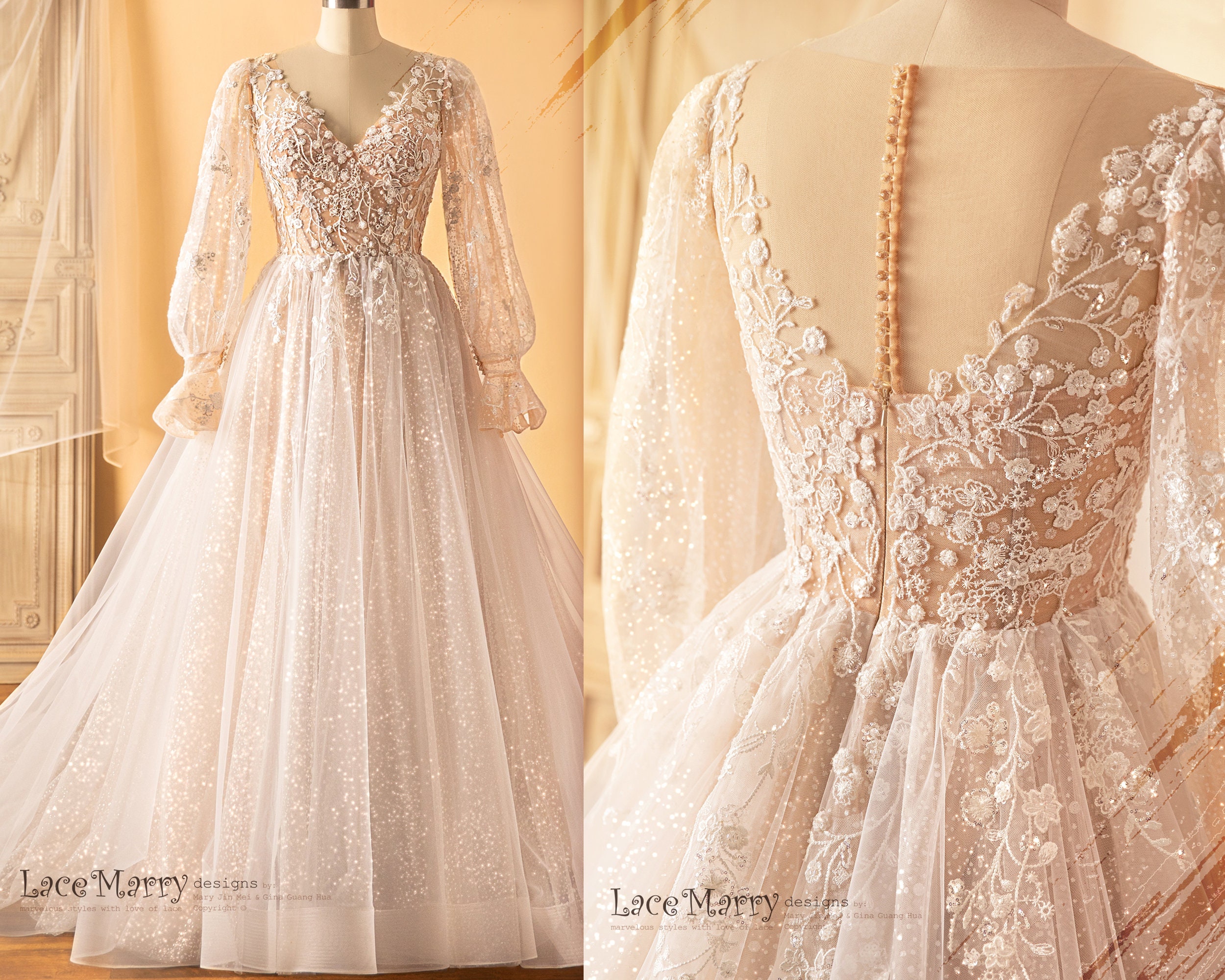 AGLAJA / Long Puff Sleeves Wedding Dress with Glitter Skirt, A Line Wedding Dress with Long Sleeves, Sparkling Wedding Dress with Sleeves