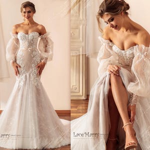 BELEN / Mermaid Wedding Dress with Removable Sleeves, Fitted Wedding Dress with Puff Sleeves, Sparkling Wedding Gown, Strapless Wedding Gown