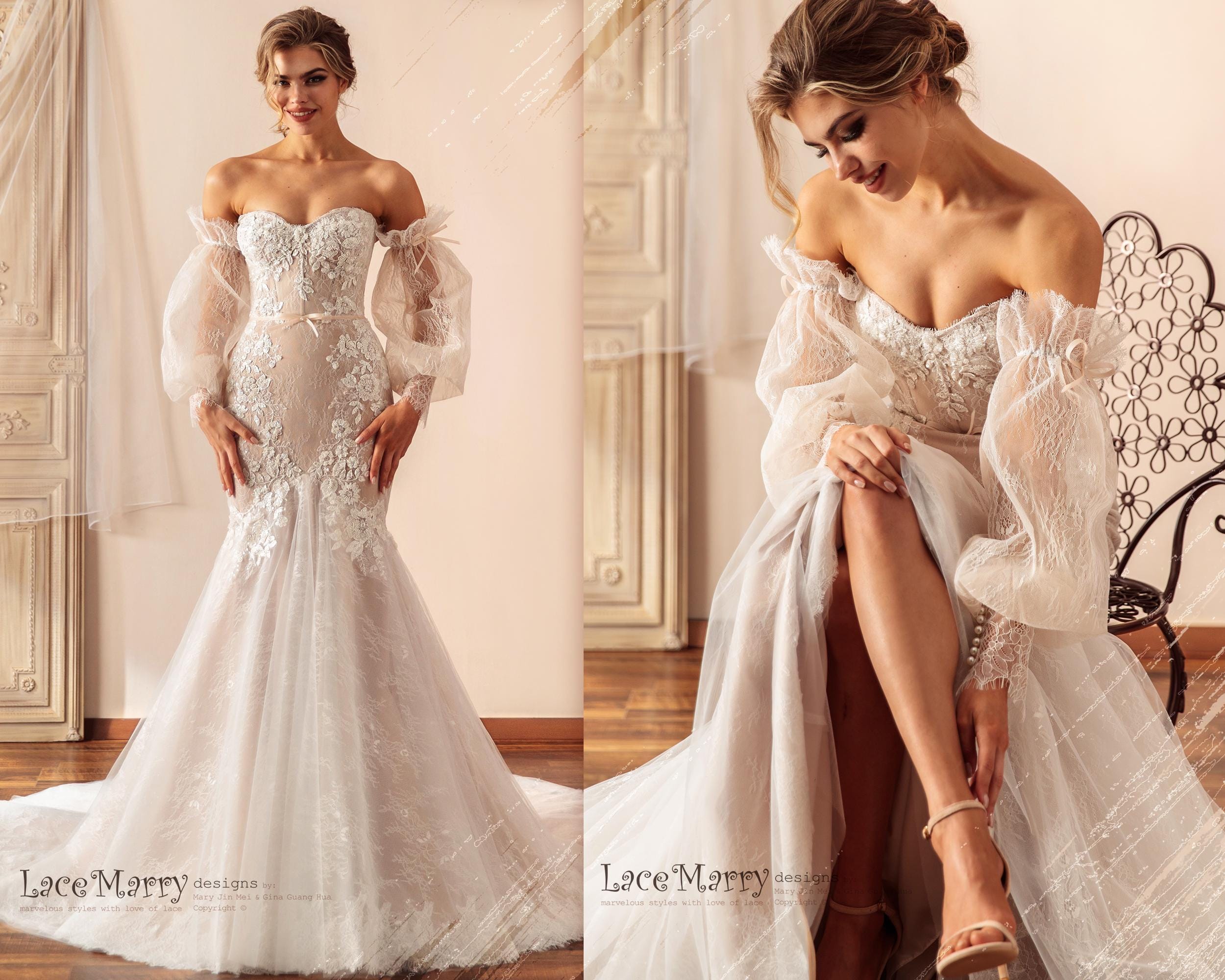 BELEN / Mermaid Wedding Dress With Removable Sleeves, Fitted