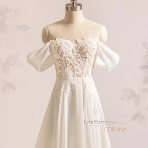 CORLANA / Schlichtes Chiffon-Brautkleid mit Off-Schultergurten, Strand-Hochzeitskleid, Boho-Hochzeitskleid mit Chiffon-Rock