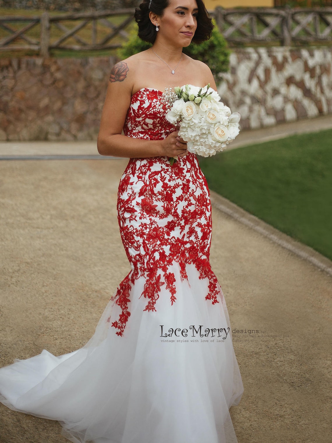 Red Lace Wedding Dress with Ivory Tulle Strapless Sweetheart image 3