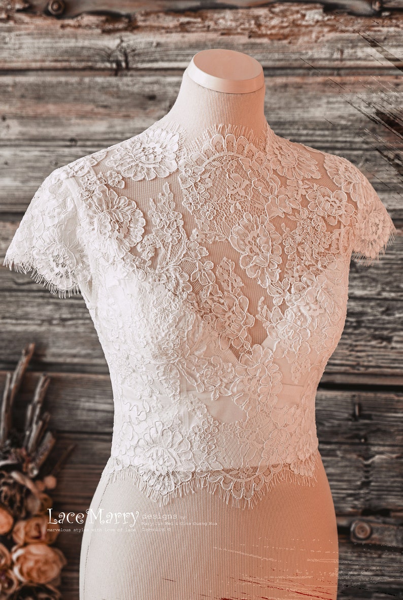 High Collar Bridal Lace Top with Horsehair A Line Glitter Skirt, Boho Wedding Dress, Bridal Skirt, Glitter Bridal Skirt, Cap Sleeves Top afbeelding 8