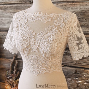 JERICA / Short Sleeve Lace Crop Top with Sparkling Appliques, Bridal Lace Topper, Wedding Lace Crop Top, Bridal Bolero, Bridal Separates Only Lace Top