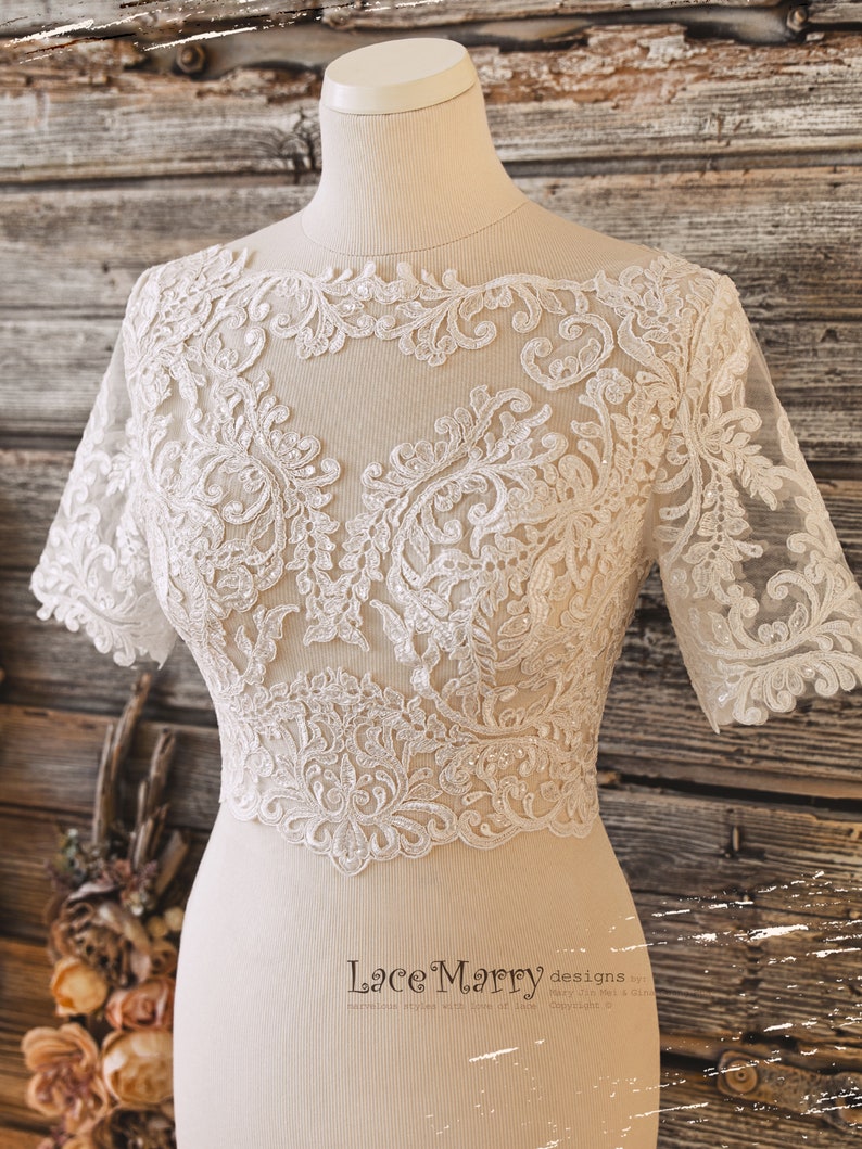 JERICA / Short Sleeve Lace Crop Top with Sparkling Appliques, Bridal Lace Topper, Wedding Lace Crop Top, Bridal Bolero, Bridal Separates Only Lace Top