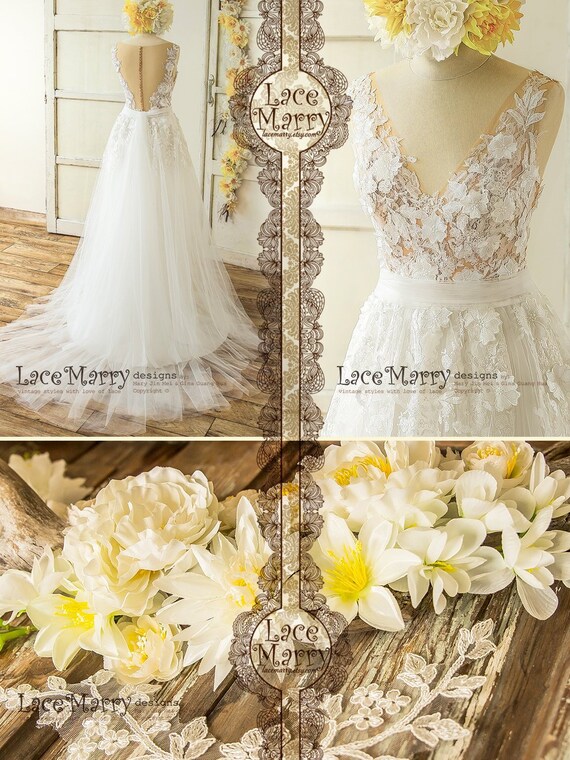 3d Lace Boho Wedding Dress With Sheer Nude Top In V Cut Shape Etsy