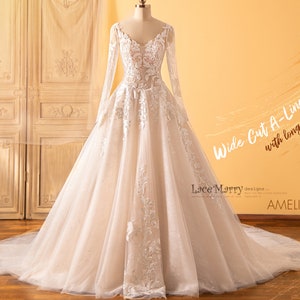 AMELIA / Princess Wedding Dress with Long Sleeves and Lace-up Back, A Line Wedding Dress with Train, Classical Wedding Dress with Train