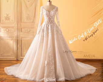 AMELIA / Princess Wedding Dress with Long Sleeves and Lace-up Back, A Line Wedding Dress with Train, Classical Wedding Dress with Train