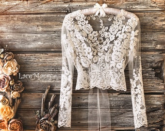 ERIKA #4 / Custom Lace Bolero with Long Sleeves and Comfortable Fit, Bridal Lace Crop Top, Boho Wedding Dress, Lace Topper with Sleeves