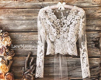 ERIKA #4 / Ivory Lace Bridal Bolero: Long Sleeve Wedding Crop Top
