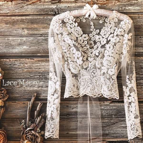 ERIKA #4 / Custom Lace Bolero with Long Sleeves and Comfortable Fit, Bridal Lace Crop Top, Boho Wedding Dress, Lace Topper with Sleeves