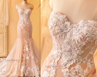 ROSALEEN / Handmade Lace Wedding Dress - Custom Bridal Gown with Beaded Detailing - Fitted Silk Gown - Elegant Strapless Design