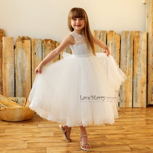LANA  / Boho Lace Flower Girl Dress, Chantilly Lace Junior Bridesmaid Princess Dress, Tutu Tulle Skirt Girl Party, First Communion Dress