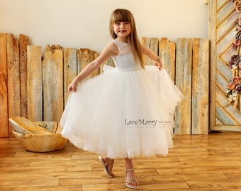 LANA  / Boho Lace Flower Girl Dress, Chantilly Lace Junior Bridesmaid Princess Dress, Tutu Tulle Skirt Girl Party, First Communion Dress