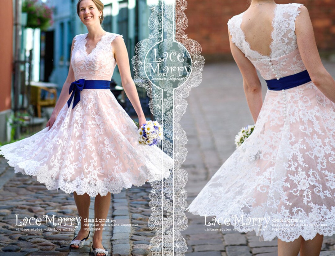 Short Blush Wedding Dress From Alencon Lace With Knee Length