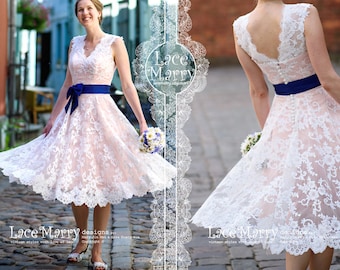 Blush Alencon Lace Wedding Dress | Short A-Line, Detachable Sash