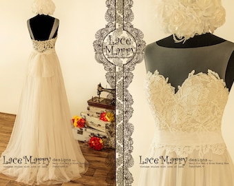 Boho Wedding Dress | Ivory Lace, Sheer Neckline, Grey Gold Underlay
