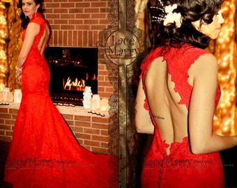 Red Lace Wedding Dress, Bohemian Red Wedding Dresses, Open Back Wedding Dresses, Sexy Red Prom Dresses, Red Lace Prom Dresses, Prom Dresses