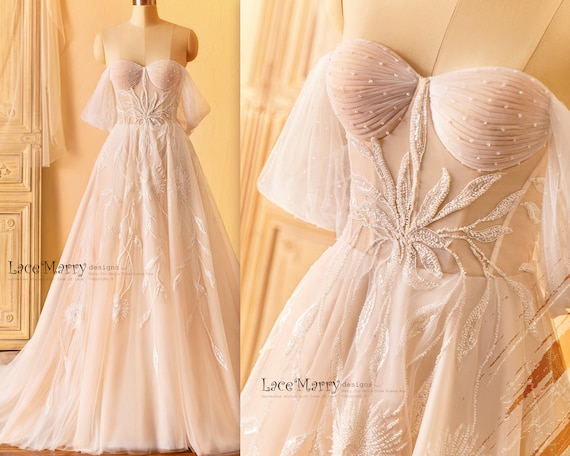 Princess Floral Beaded A Line Wedding Dress Illusion Neckline Spaghetti  Straps Corset Low Back