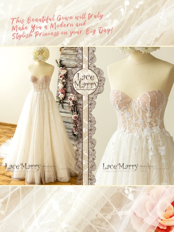 Sparkly Lace Wedding Dress With Strapless Bustier Neckline A Etsy