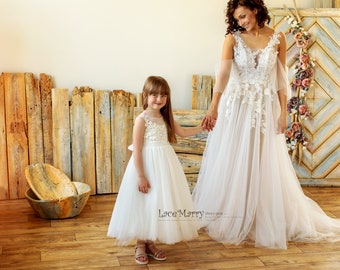 BETCY / Ivory Flower Girl Tulle Dress, Boho Rustic Wedding