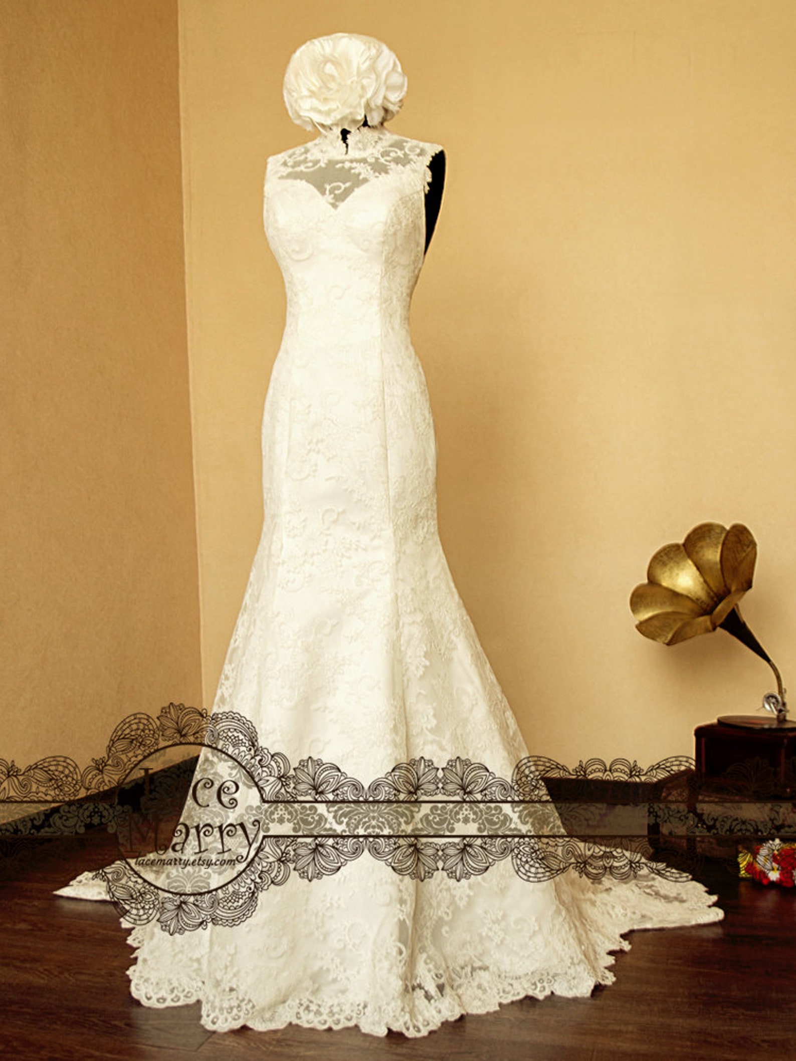 High Collar Design Lace Wedding Dress Features Sweetheart Etsy