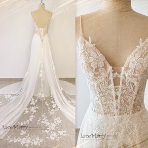 EVANGELINE / A-Line Chiffon Wedding Dress: Illusion Train, Deep Plunge, Boho Bridal Gown