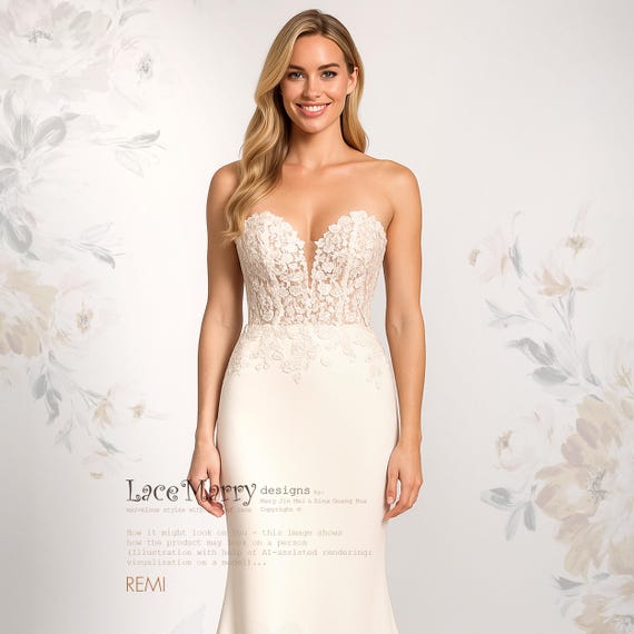 REMI / Beaded Lace Bodice Wedding Dress: Ivory Sweetheart Fit-and-flare Satin Gown - Etsy REMI / Beaded Lace Bodice Wedding Dress: Ivory Sweetheart Fit-and-flare Satin Gown - Etsy