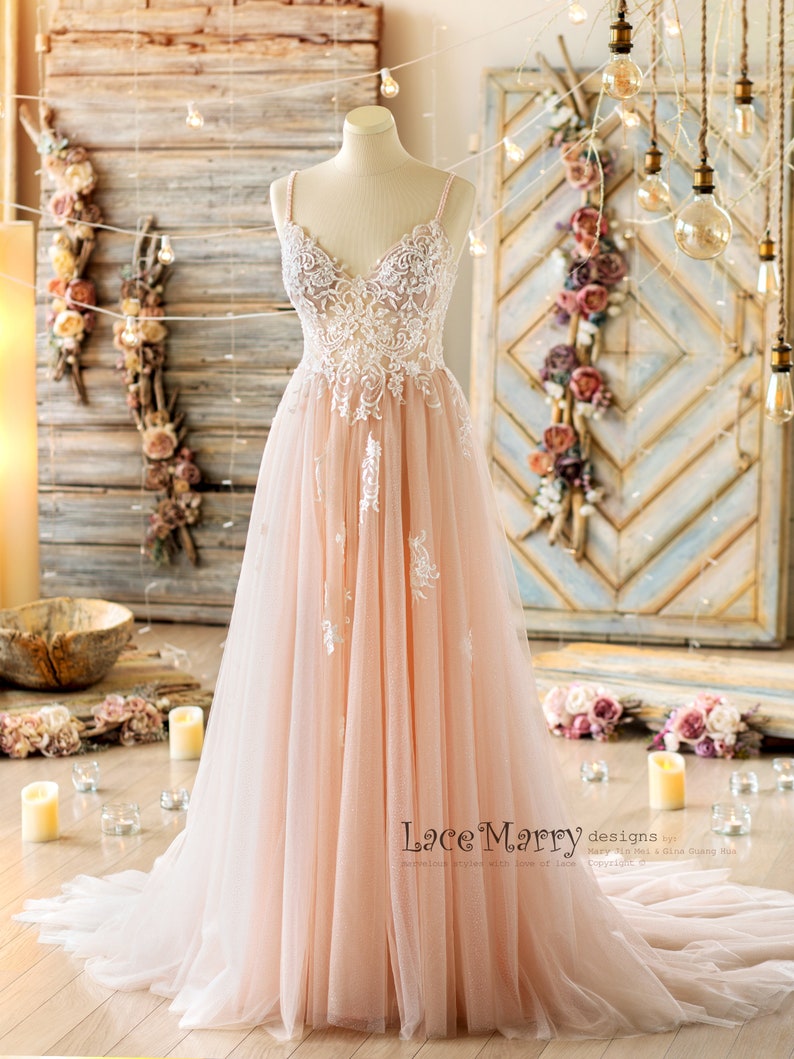 MEDEA / Blush Wedding Dress with Beading, Glitter Skirt Wedding Dress, Croo Straps Deep Open Back Wedding Dress, Reception Dress in Blush image 2